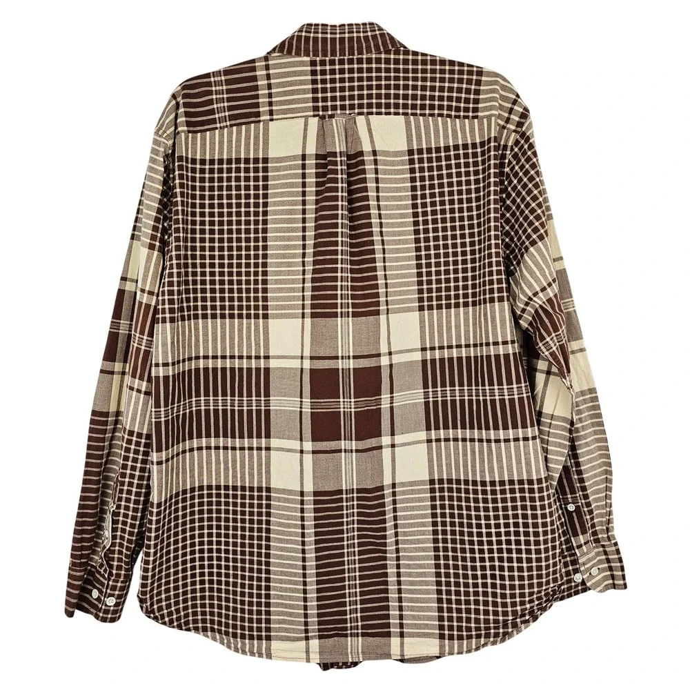 LL Bean Men's Large Brown‎ Cream Plaid Button Down Cotton Shirt Long Sleeve